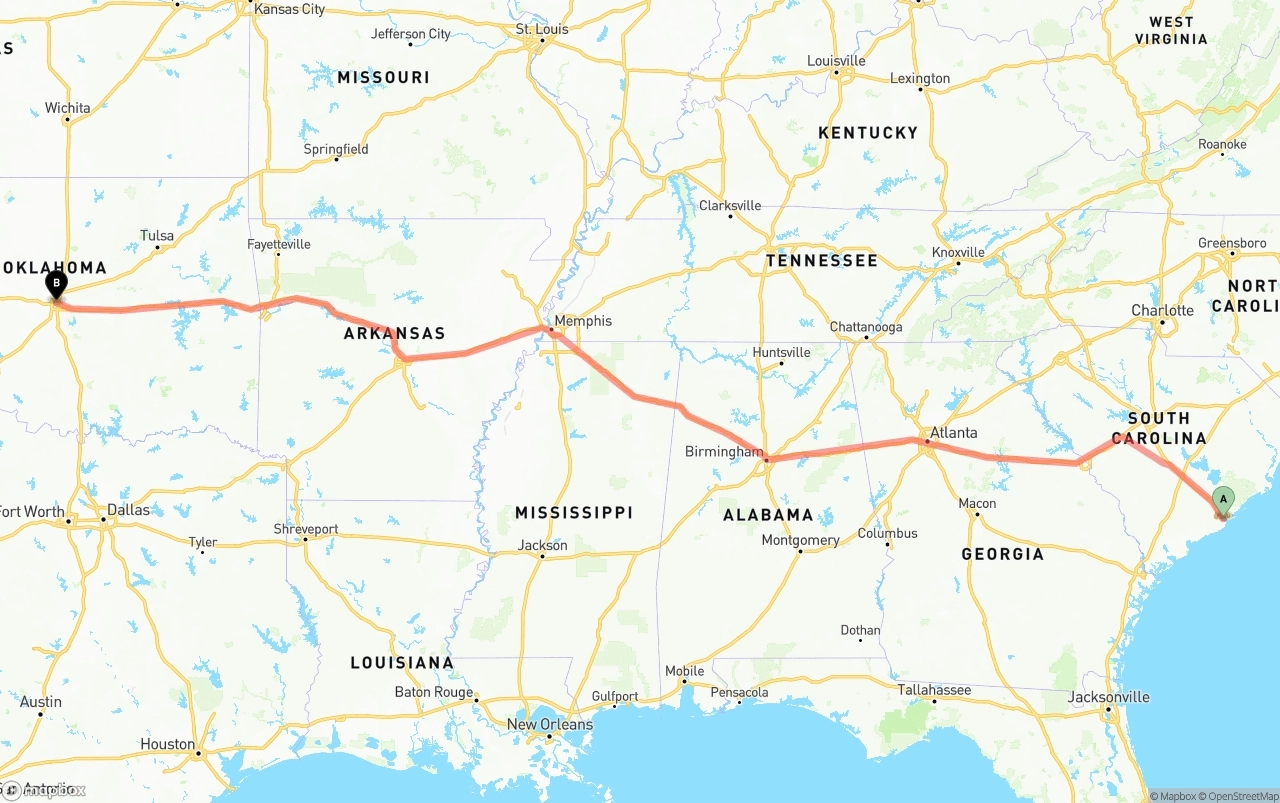 Shipping route from Port of Charleston to Oklahoma City