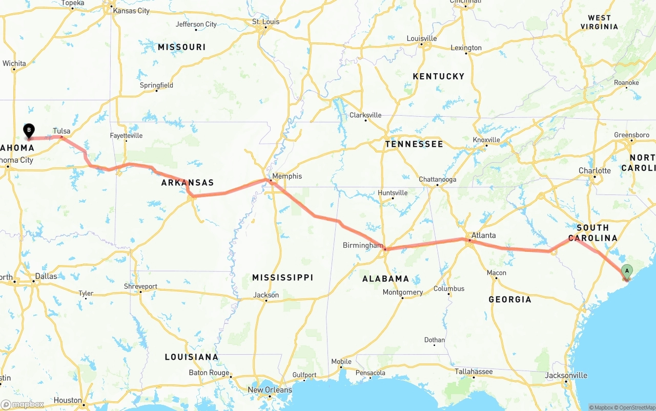 Shipping route from Port of Charleston to Oklahoma