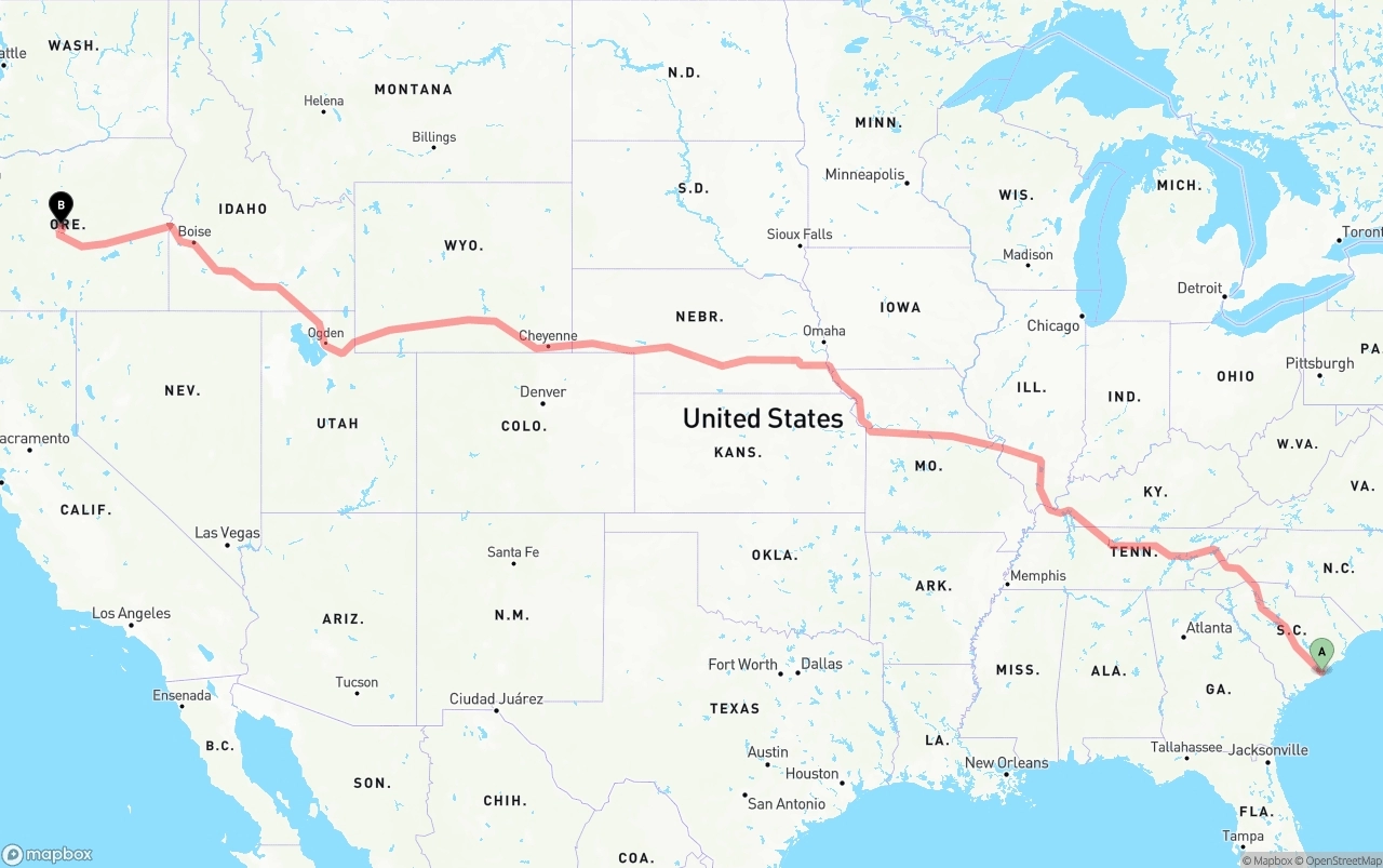 Shipping route from Port of Charleston to Oregon