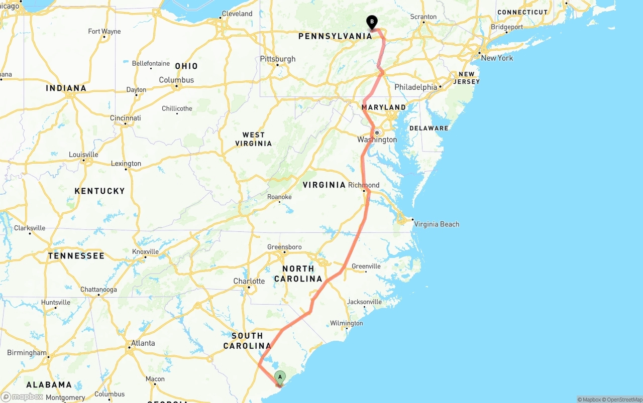 Shipping route from Port of Charleston to Pennsylvania