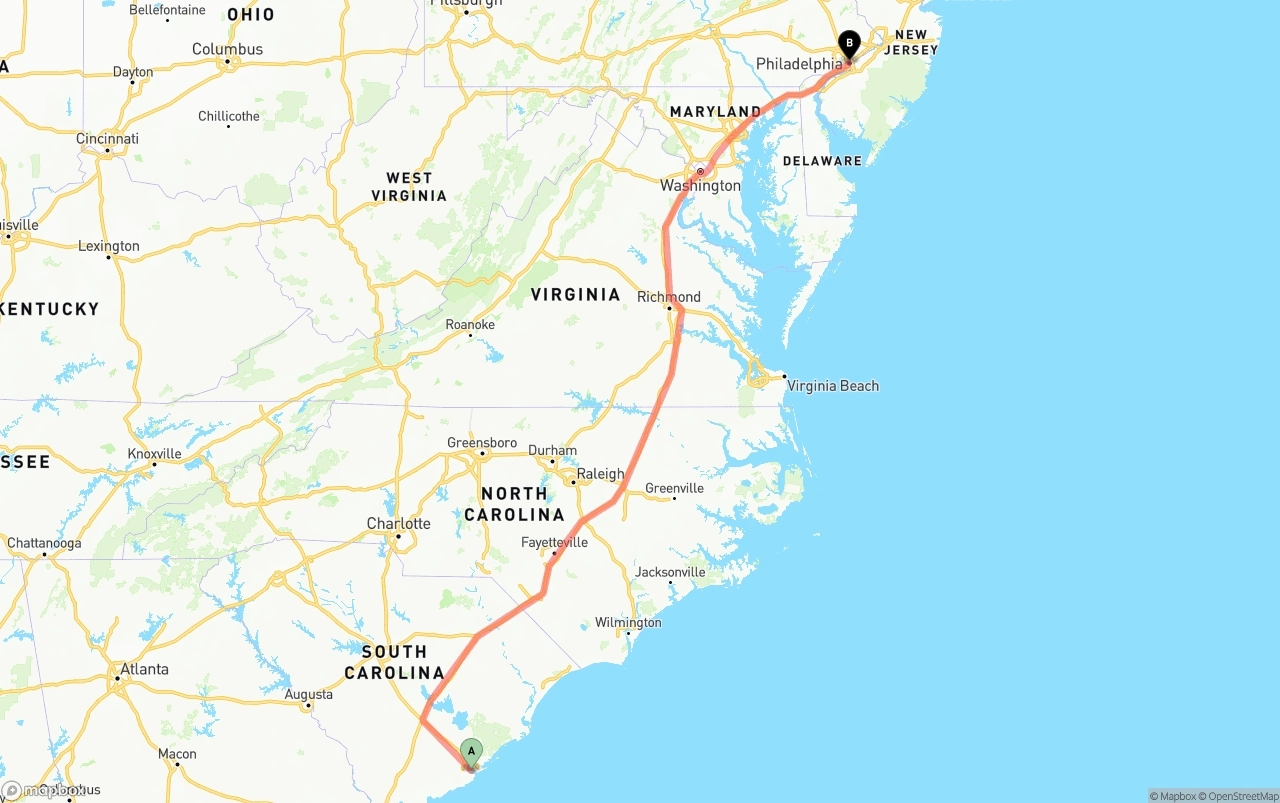 Shipping route from Port of Charleston to Philadelphia