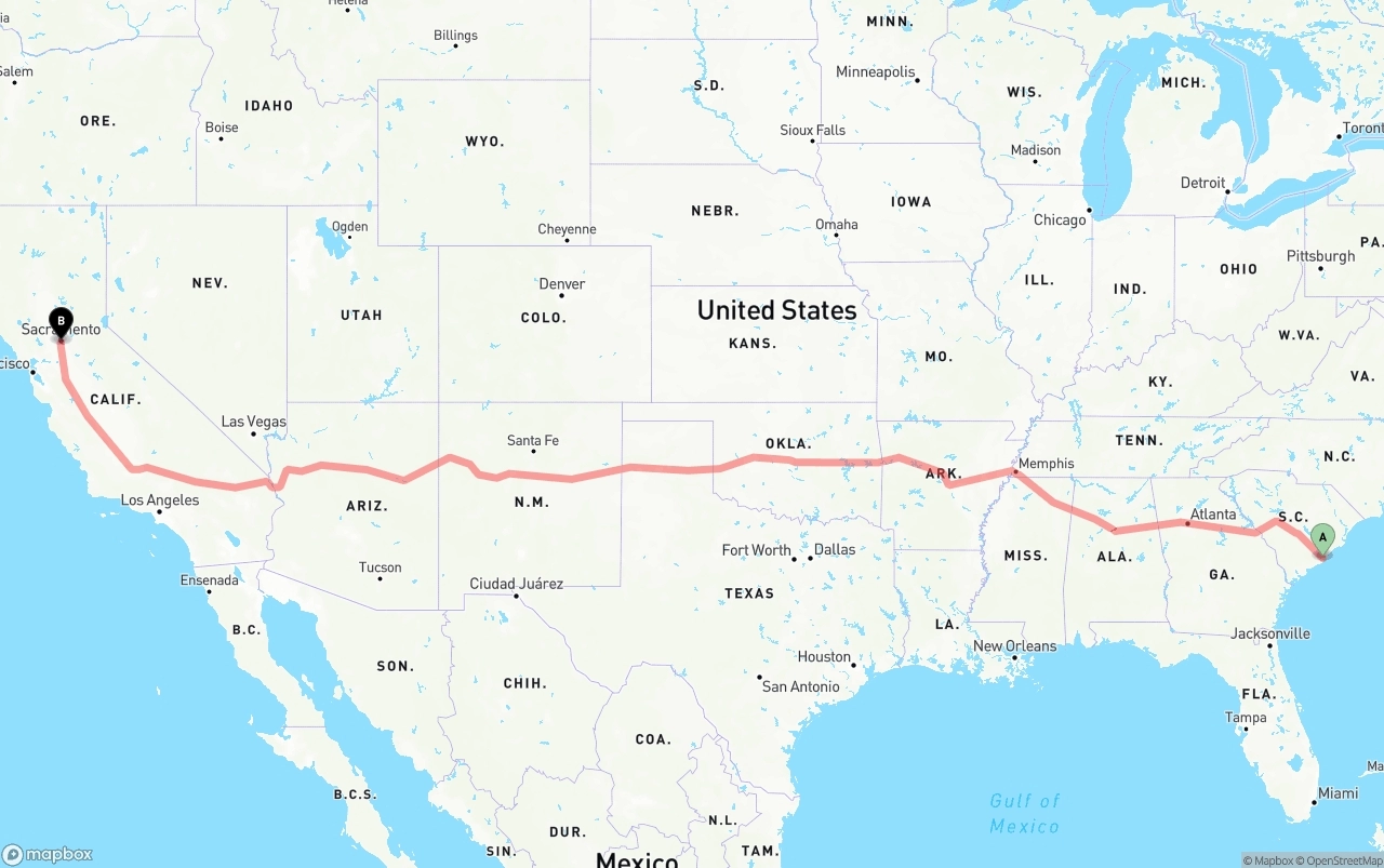 Shipping route from Port of Charleston to Sacramento
