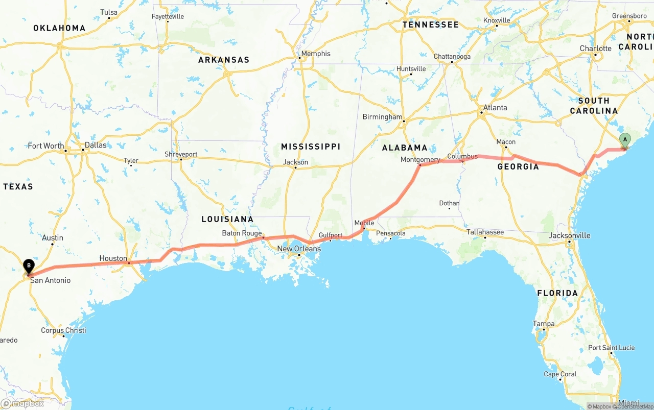 Shipping route from Port of Charleston to San Antonio