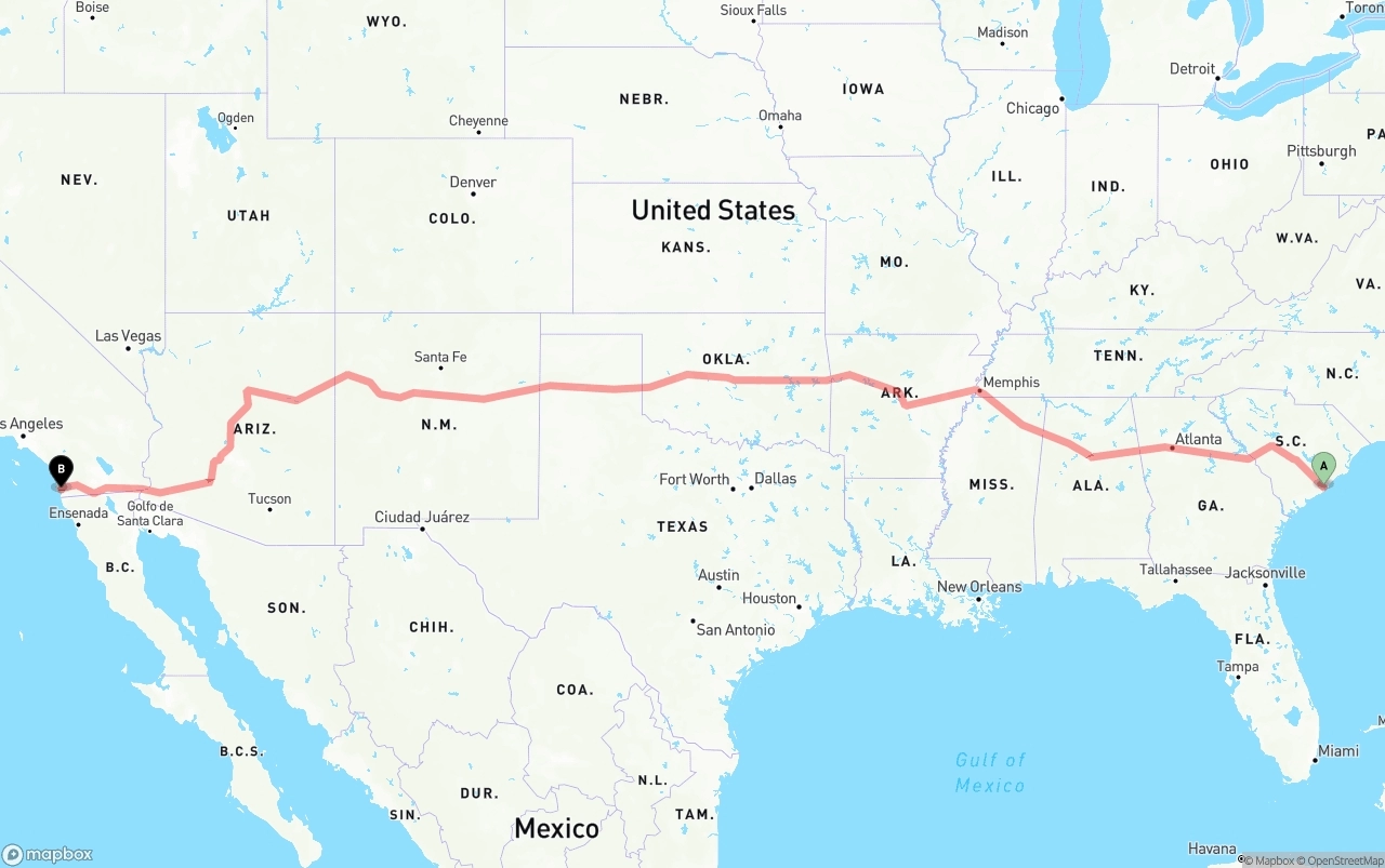 Shipping route from Port of Charleston to San Diego
