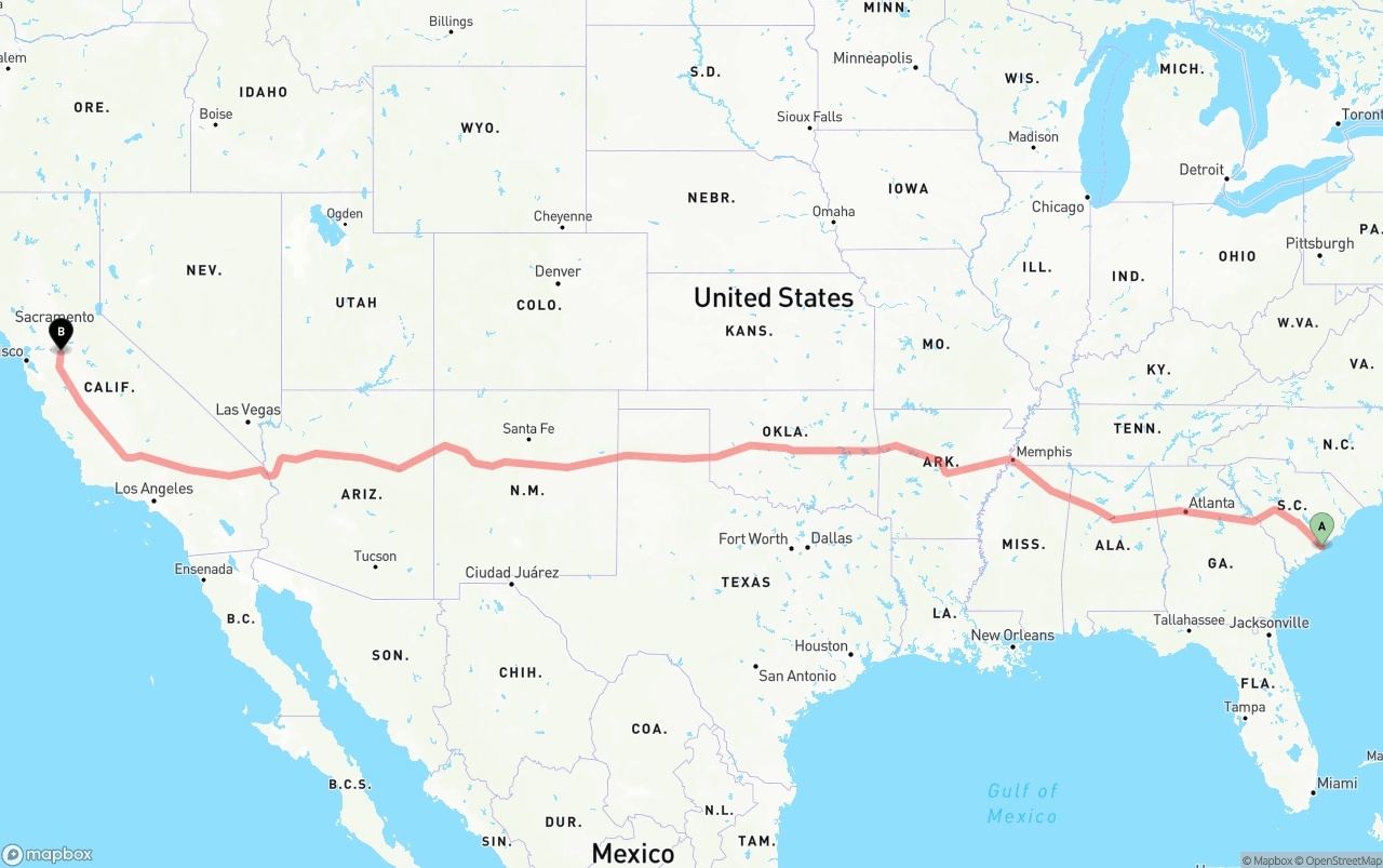 Shipping route from Port of Charleston to Stockton