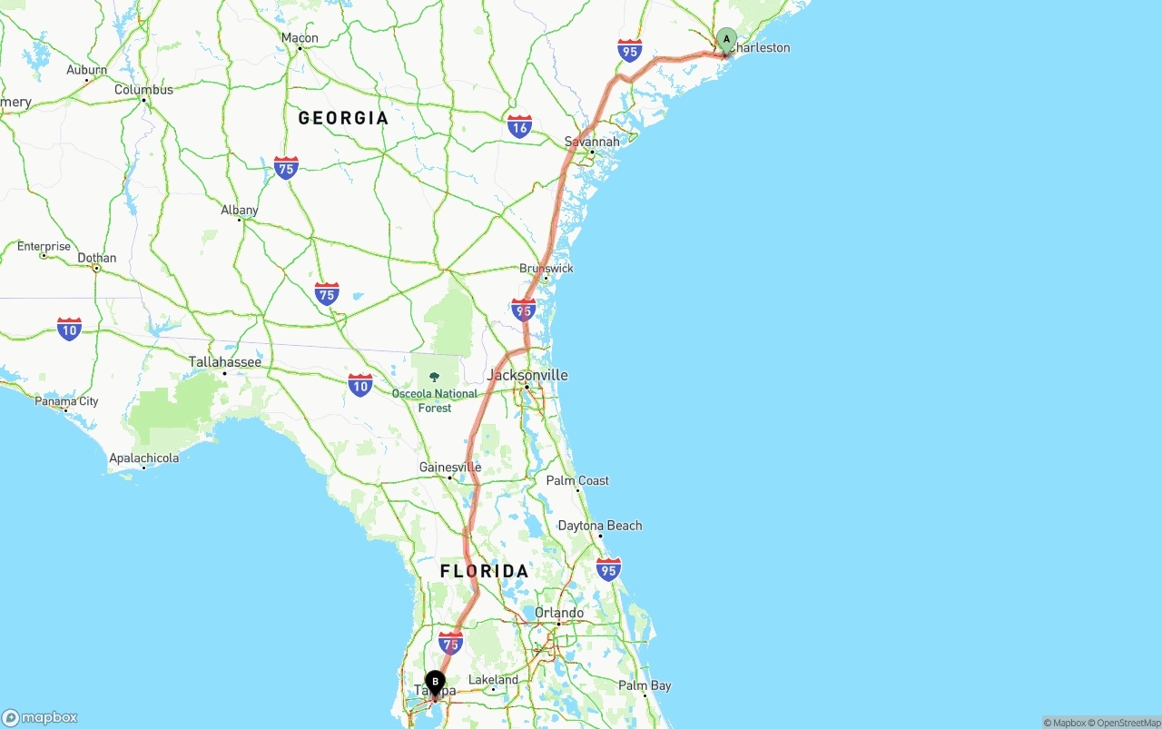 Shipping route from Port of Charleston to Tampa