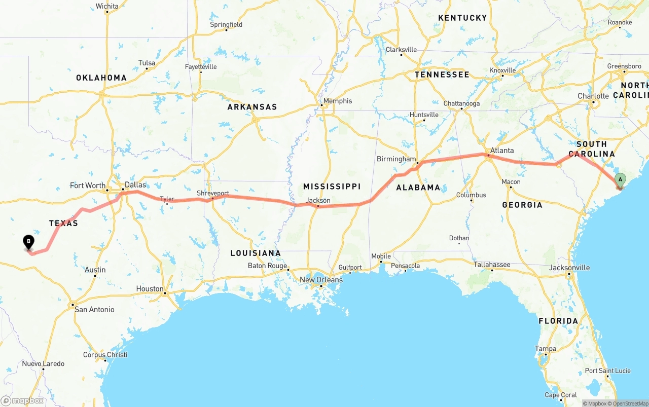 Shipping route from Port of Charleston to Texas