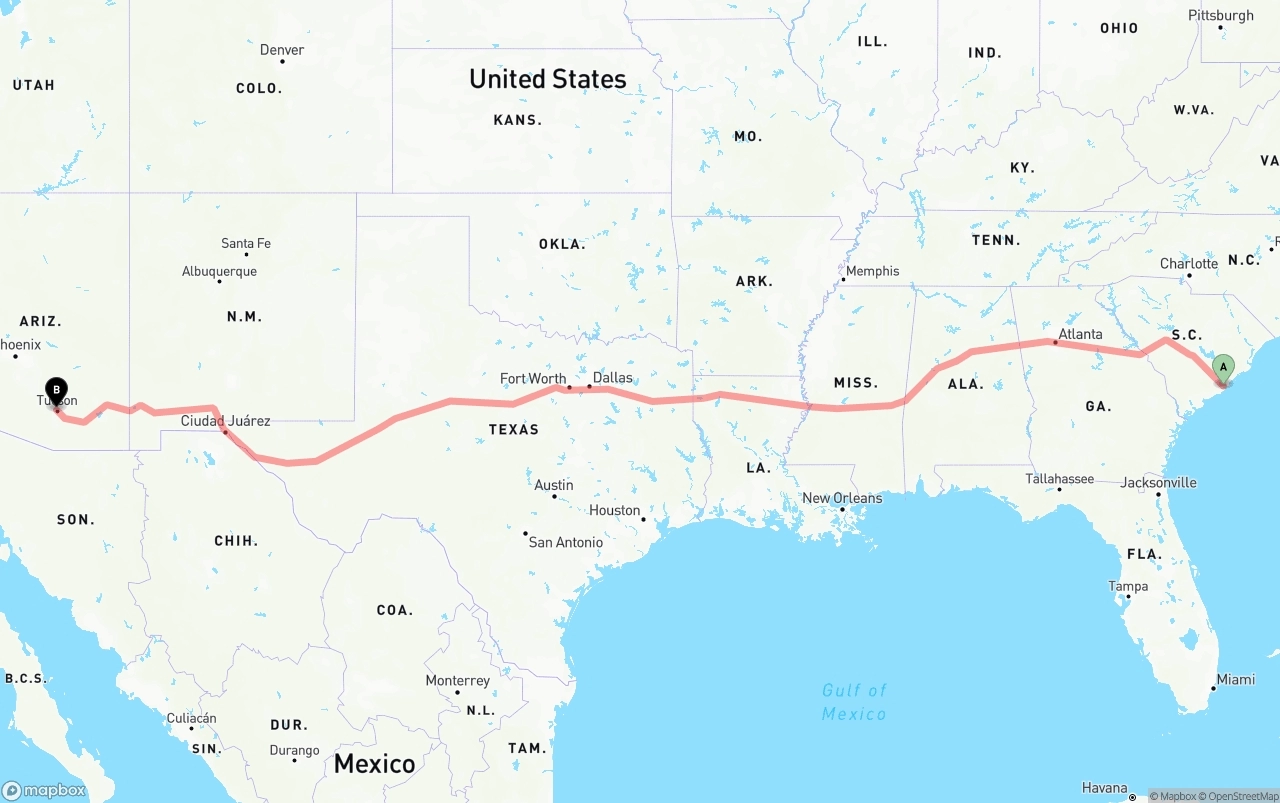 Shipping route from Port of Charleston to Tucson