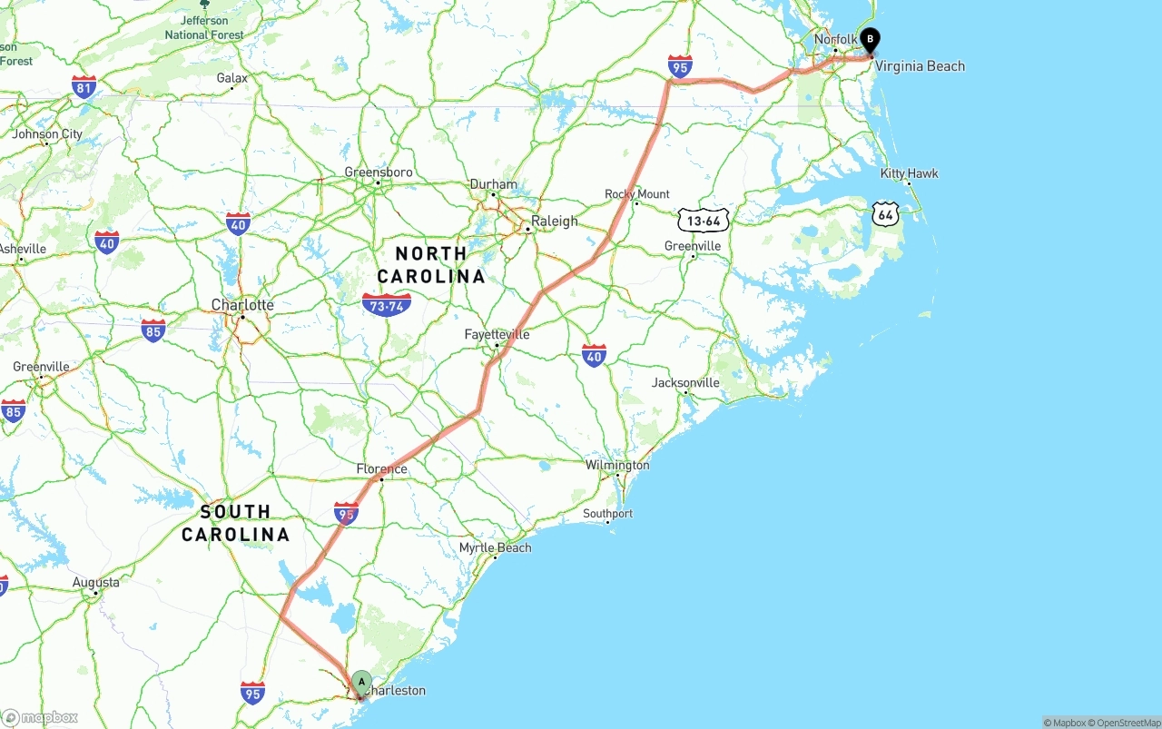 Shipping route from Port of Charleston to Virginia Beach