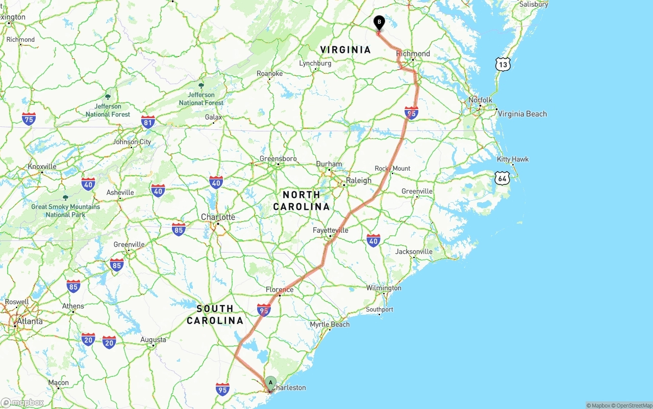 Shipping route from Port of Charleston to Virginia