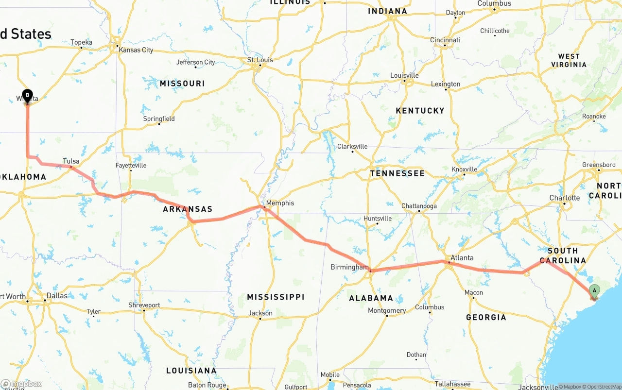 Shipping route from Port of Charleston to Wichita