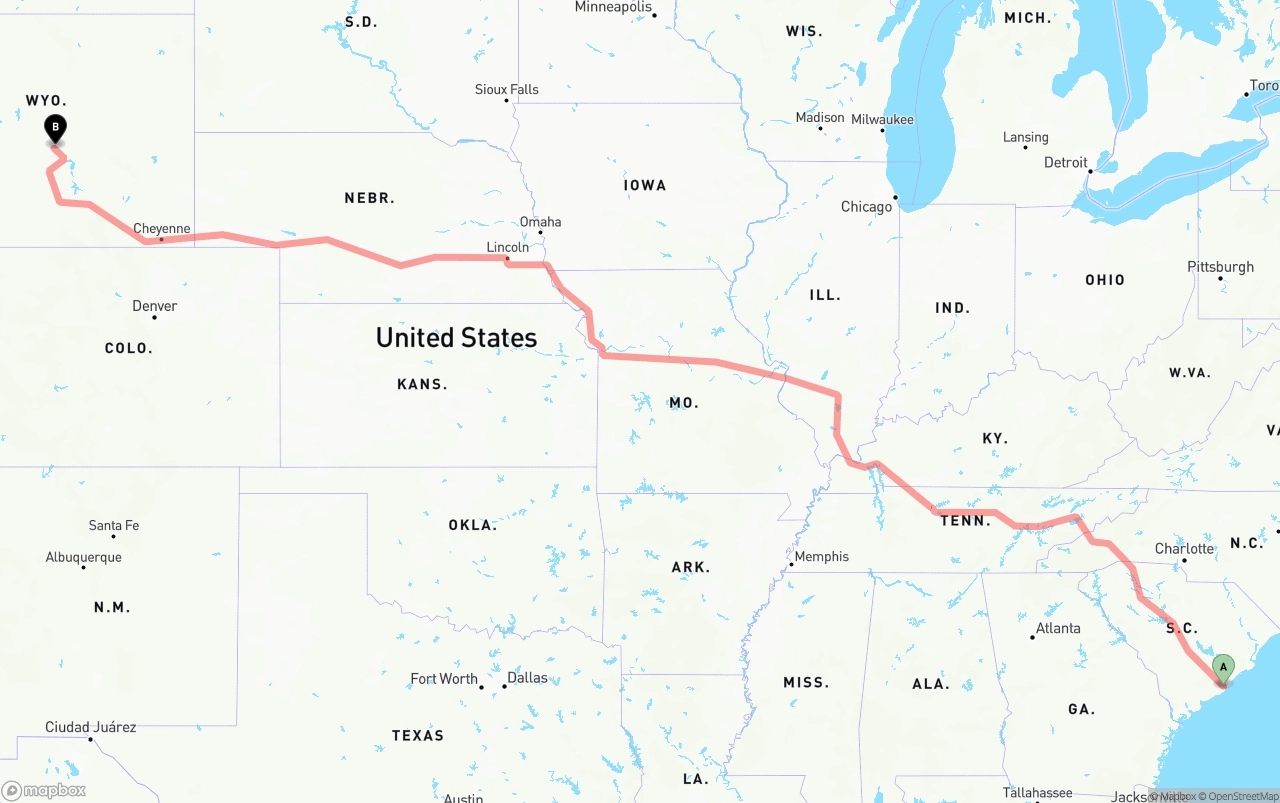 Shipping route from Port of Charleston to Wyoming