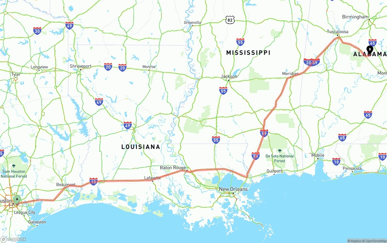 Shipping route from Port of Houston to Alabama