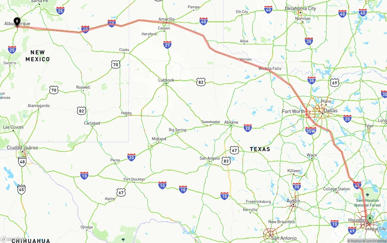 Shipping route from Port of Houston to Albuquerque
