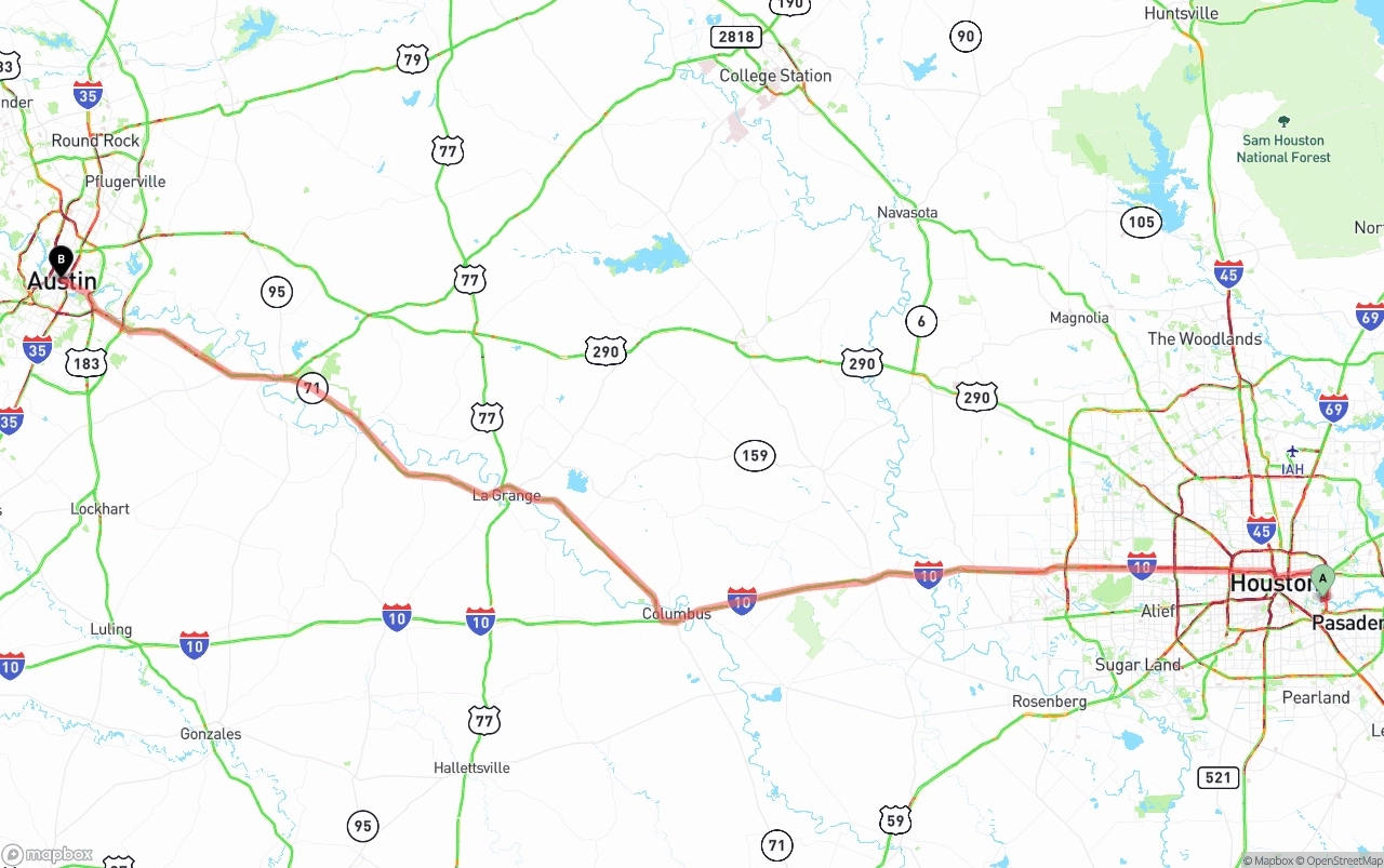 Shipping route from Port of Houston to Austin