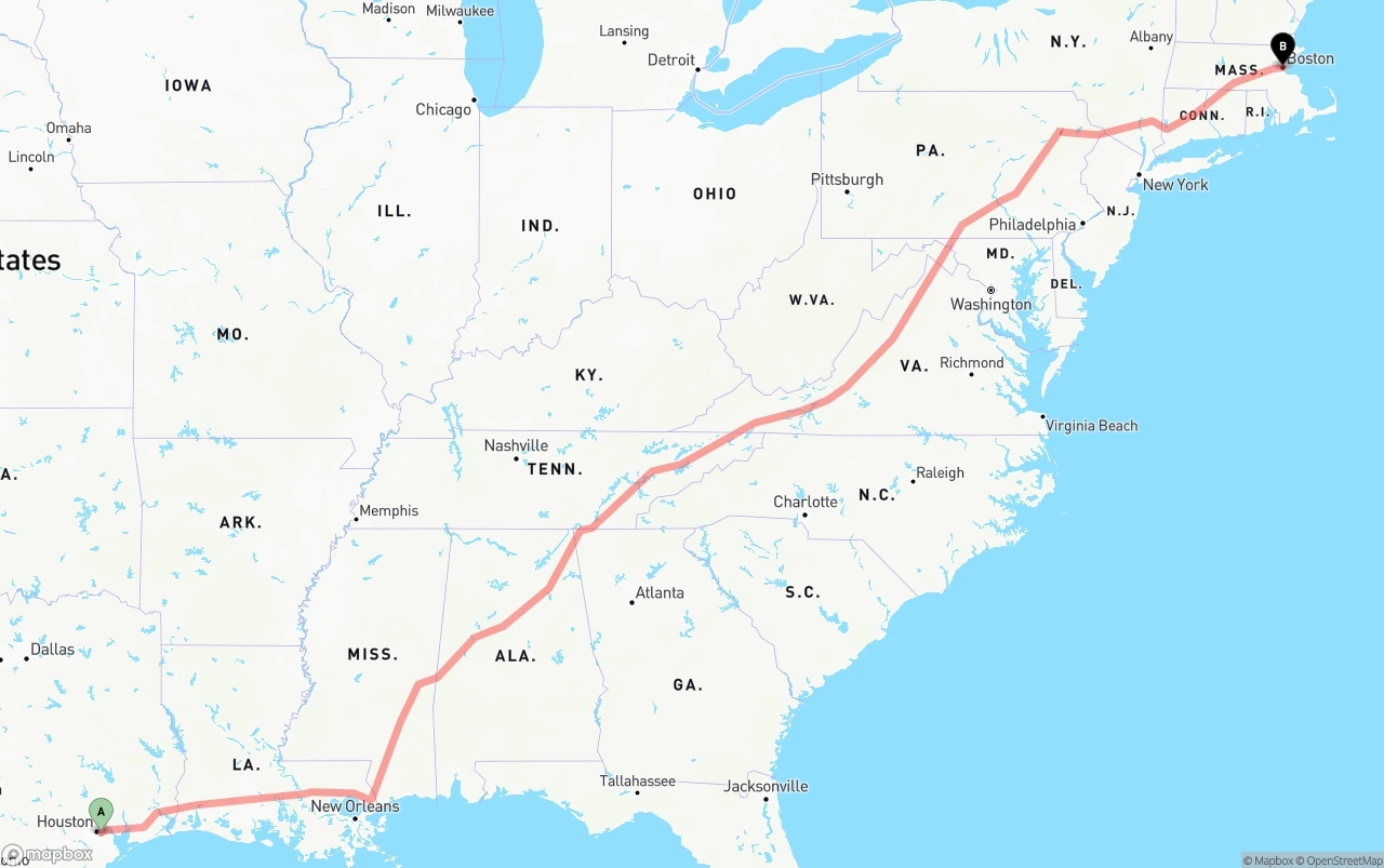 Shipping route from Port of Houston to Boston