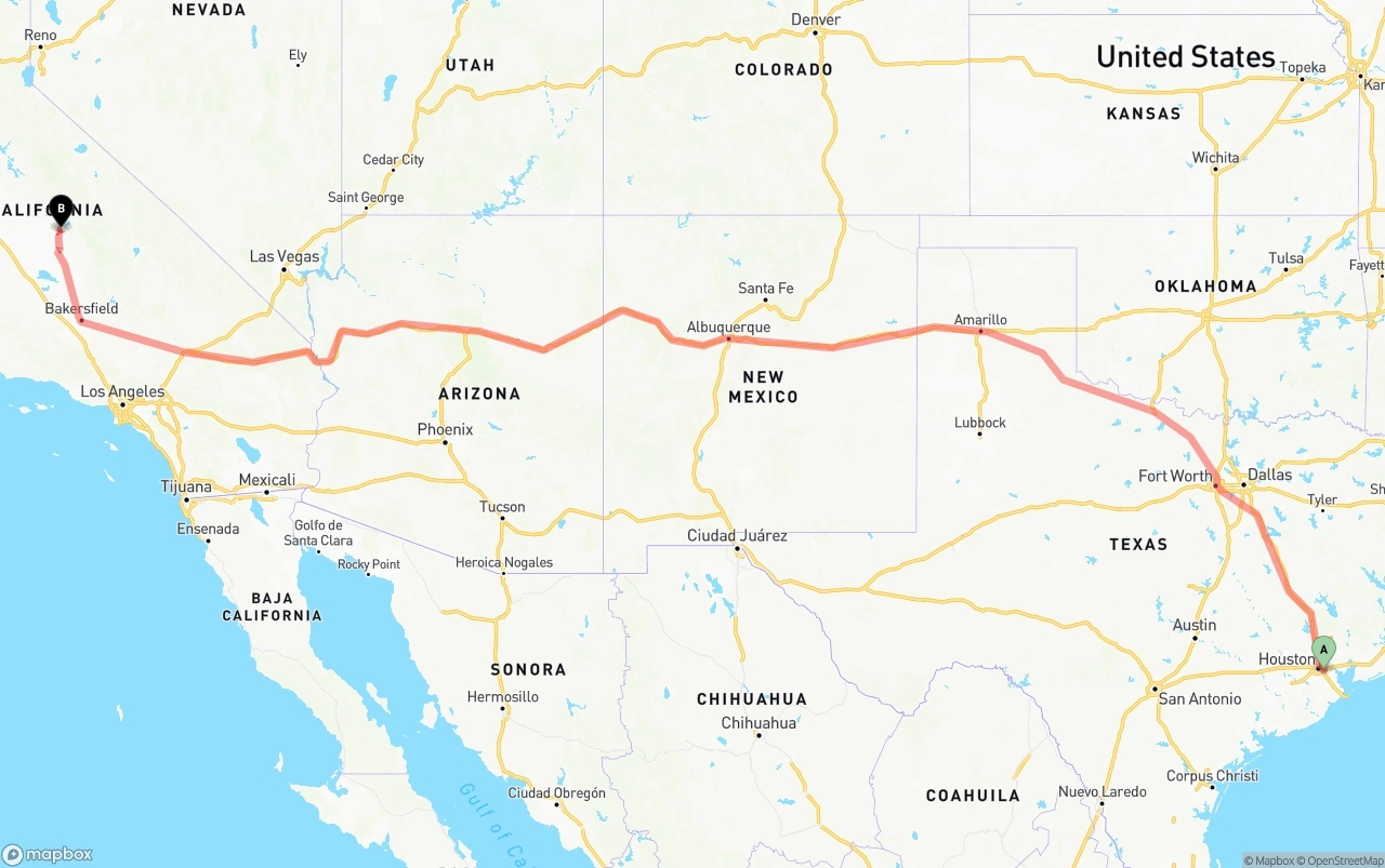 Shipping route from Port of Houston to California
