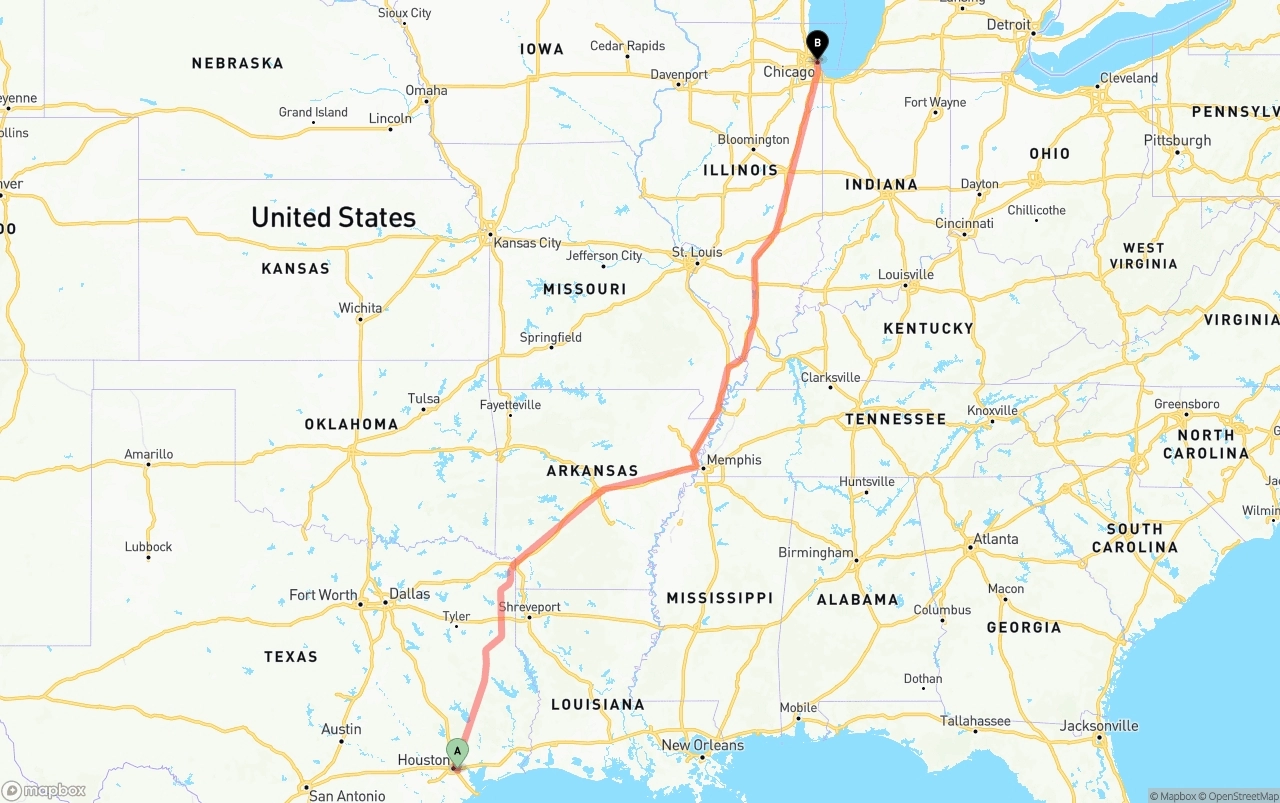 Shipping route from Port of Houston to Chicago