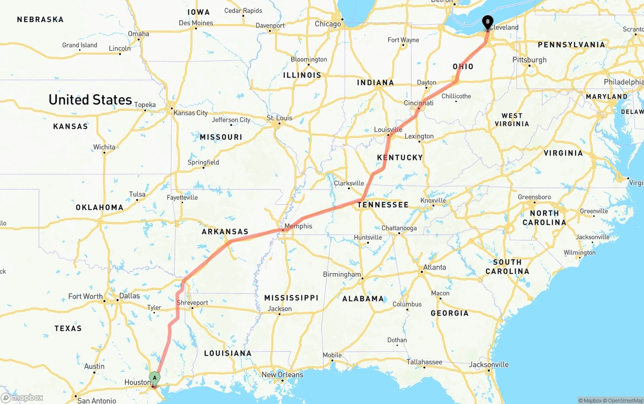 Shipping route from Port of Houston to Cleveland