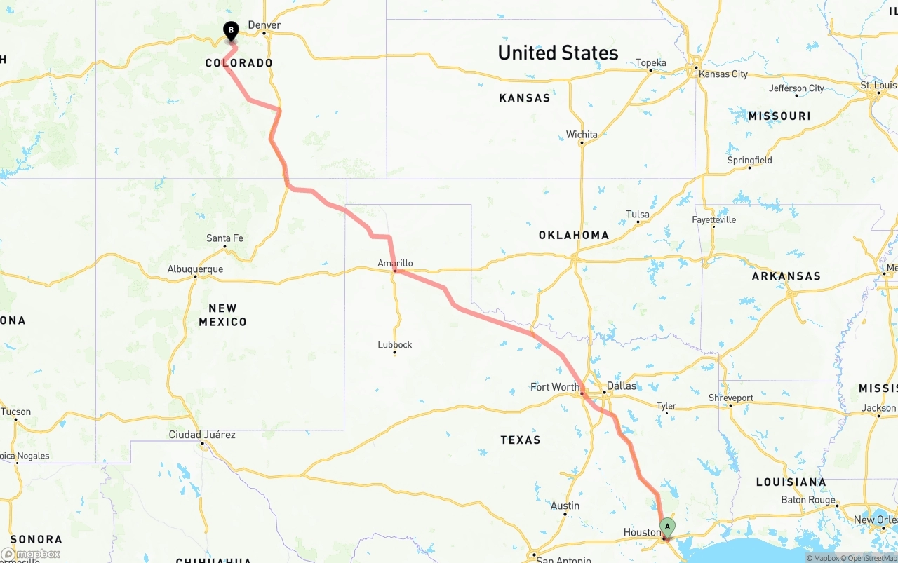 Shipping route from Port of Houston to Colorado