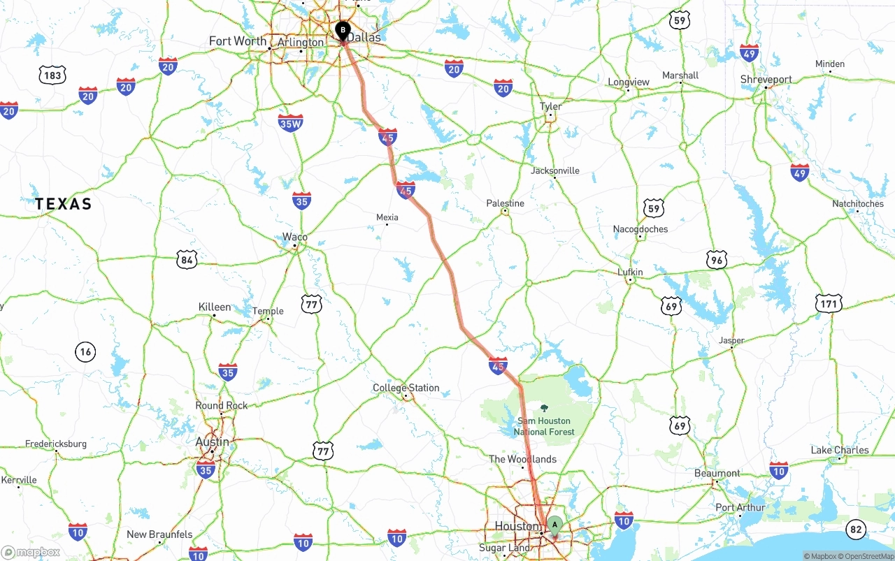 Shipping route from Port of Houston to Dallas