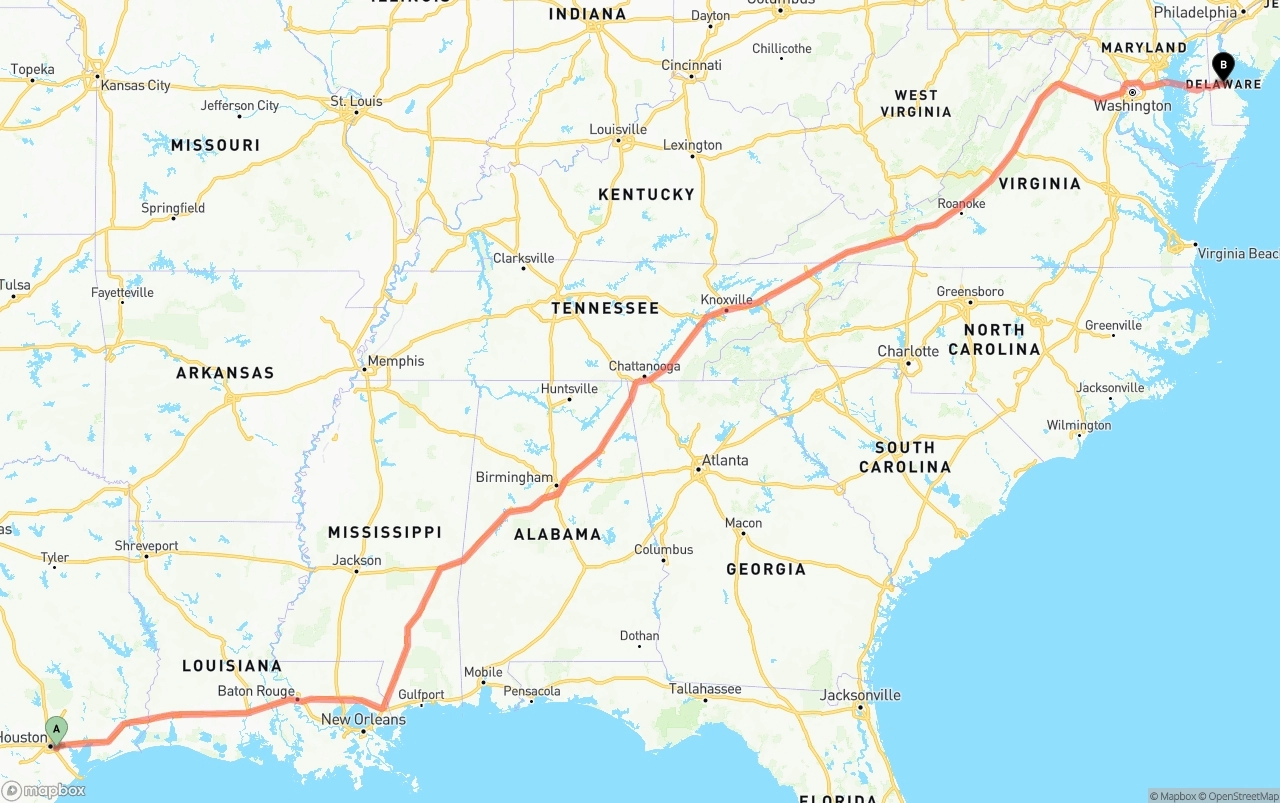 Shipping route from Port of Houston to Delaware