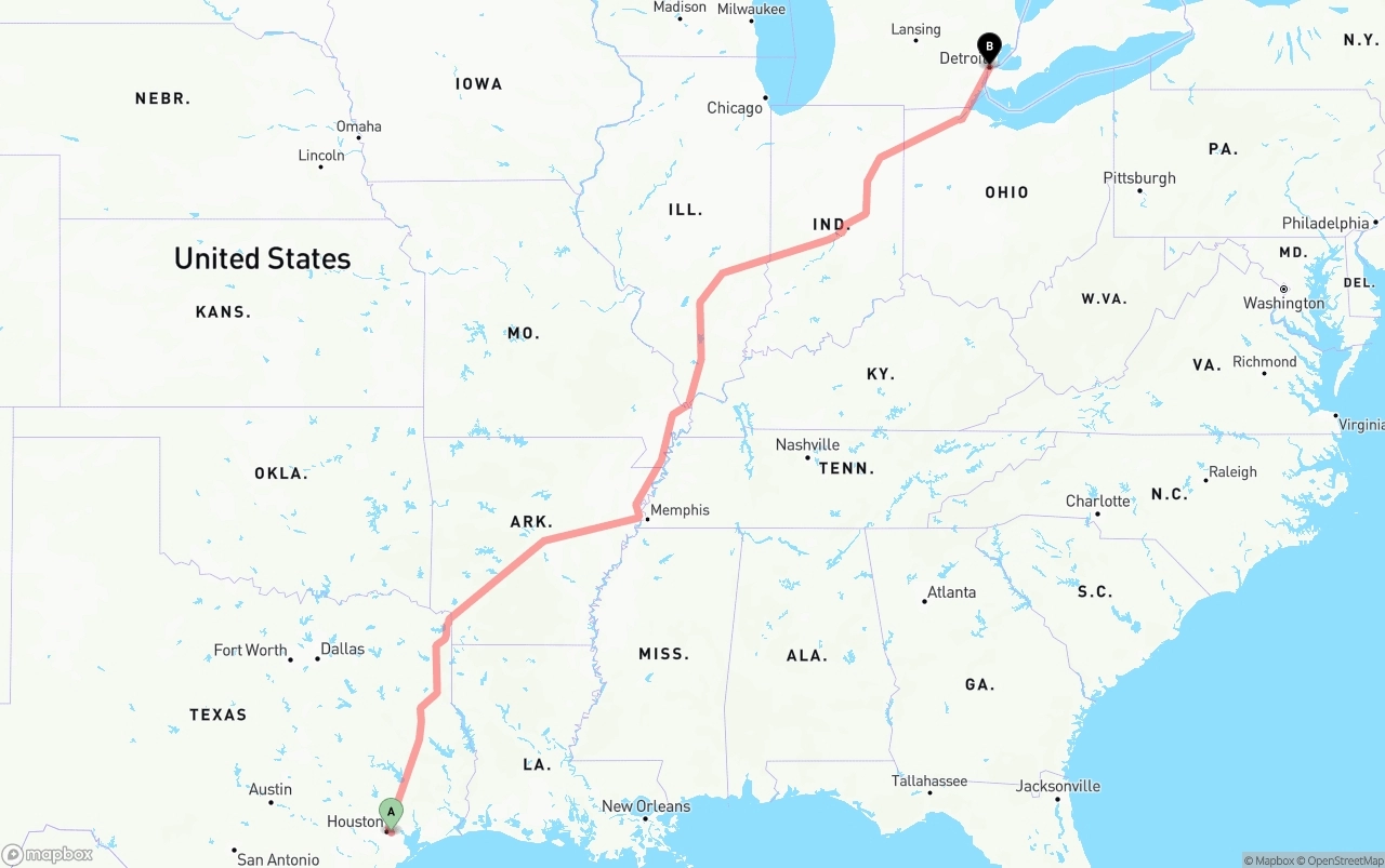 Shipping route from Port of Houston to Detroit
