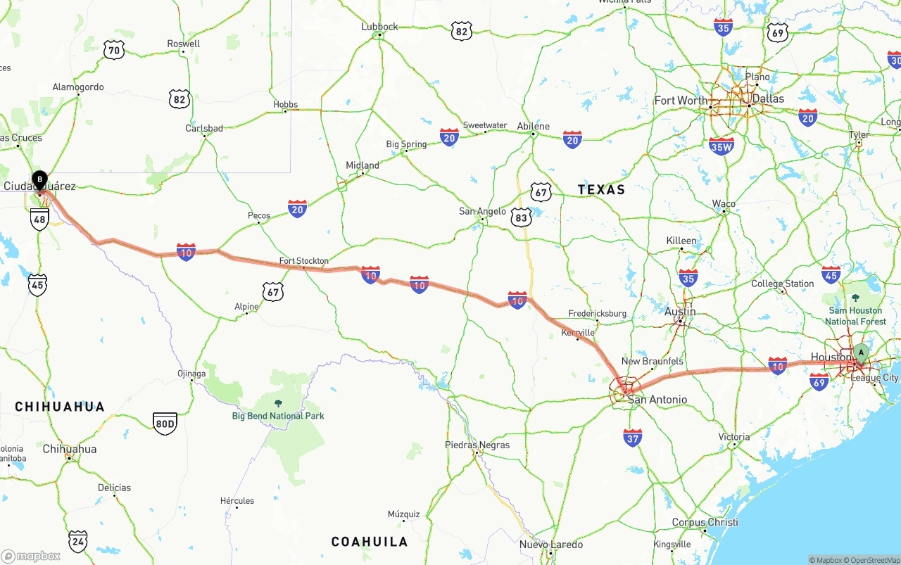 Shipping route from Port of Houston to El Paso