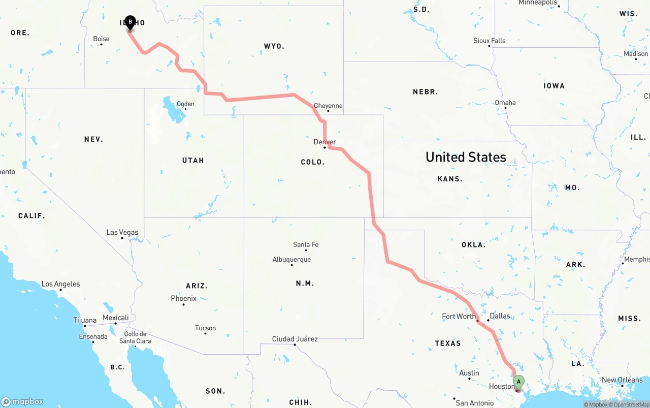 Shipping route from Port of Houston to Idaho