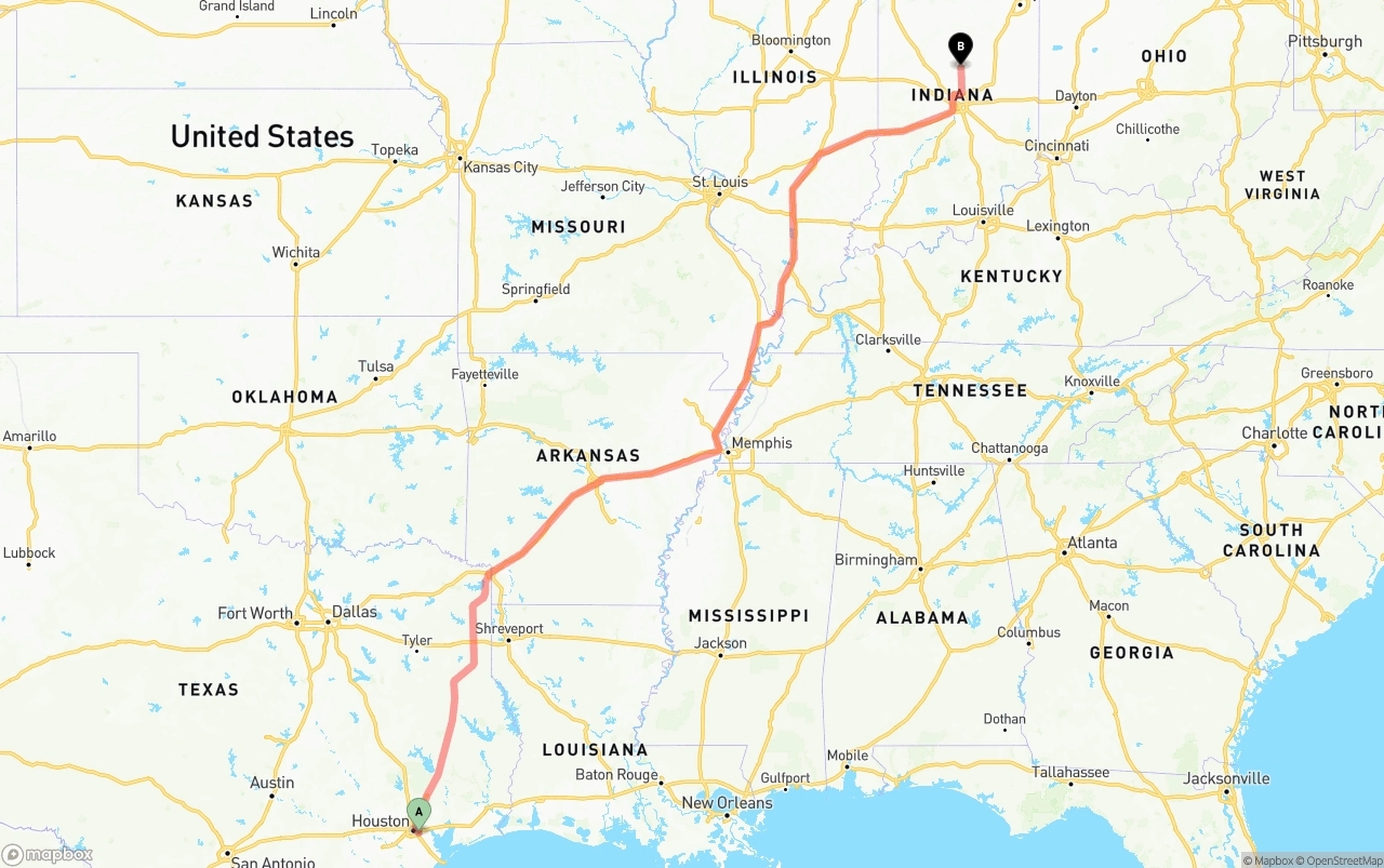 Shipping route from Port of Houston to Indiana