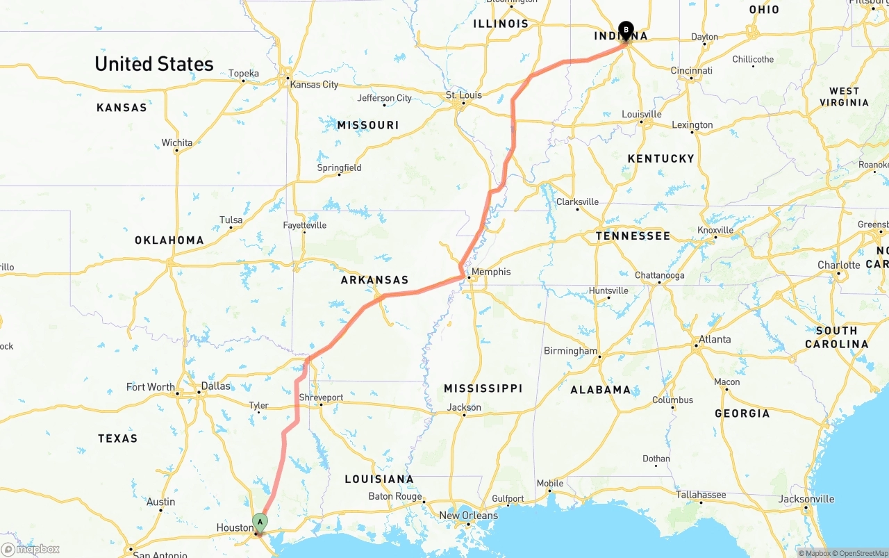 Shipping route from Port of Houston to Indianapolis