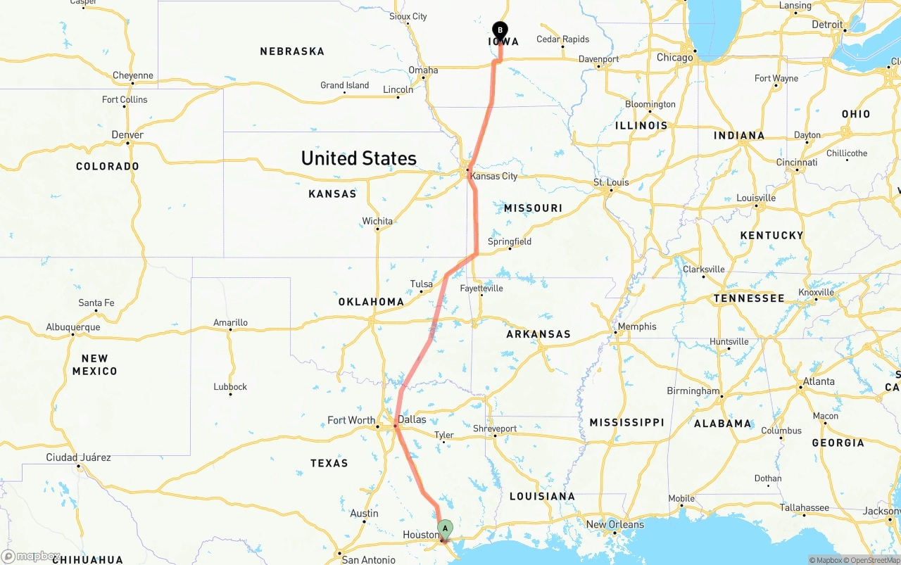 Shipping route from Port of Houston to Iowa
