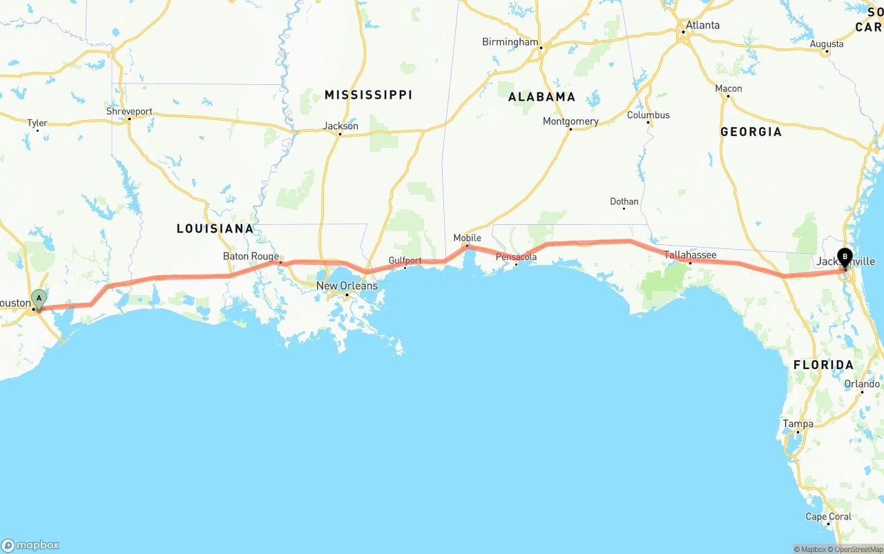 Shipping route from Port of Houston to Jacksonville