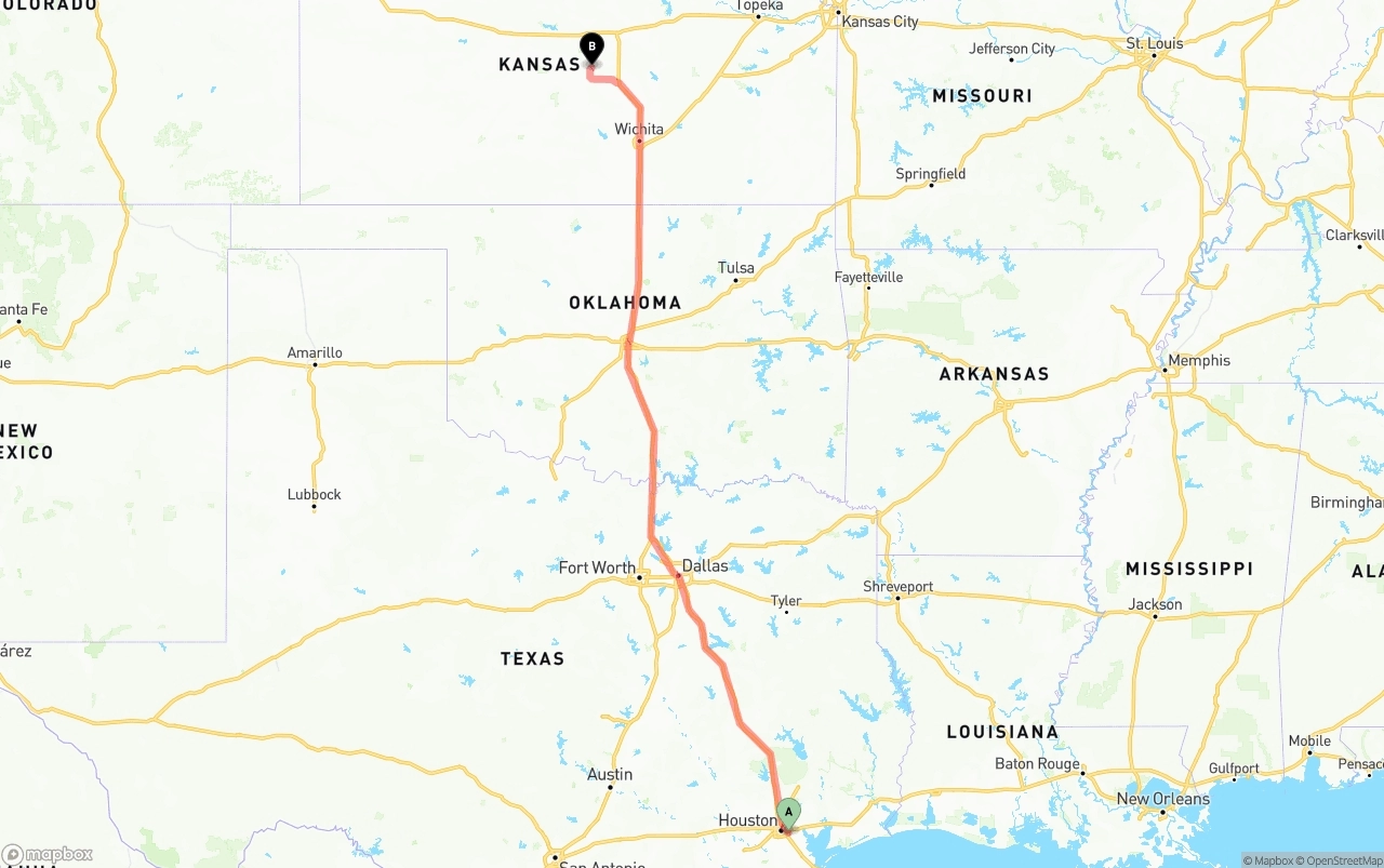 Shipping route from Port of Houston to Kansas