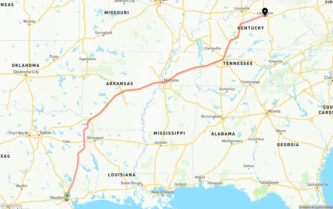 Shipping route from Port of Houston to Lexington