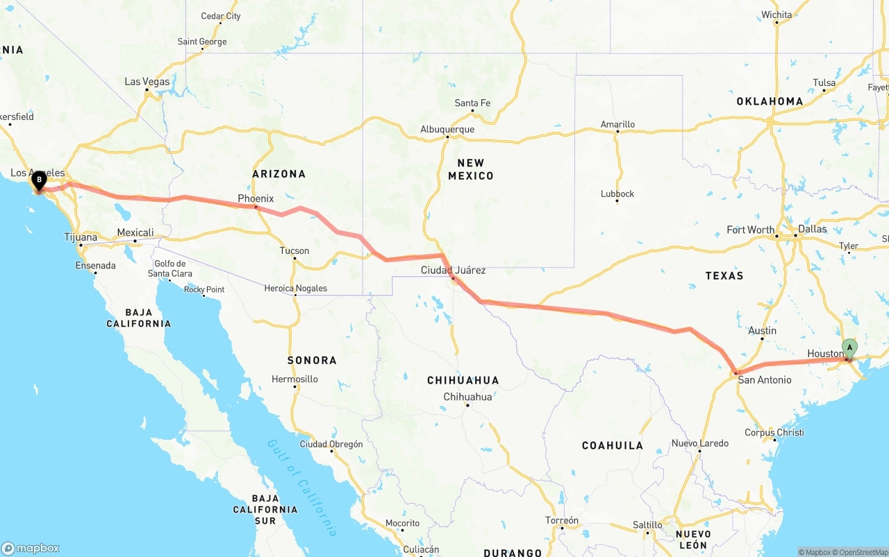 Shipping route from Port of Houston to Long Beach