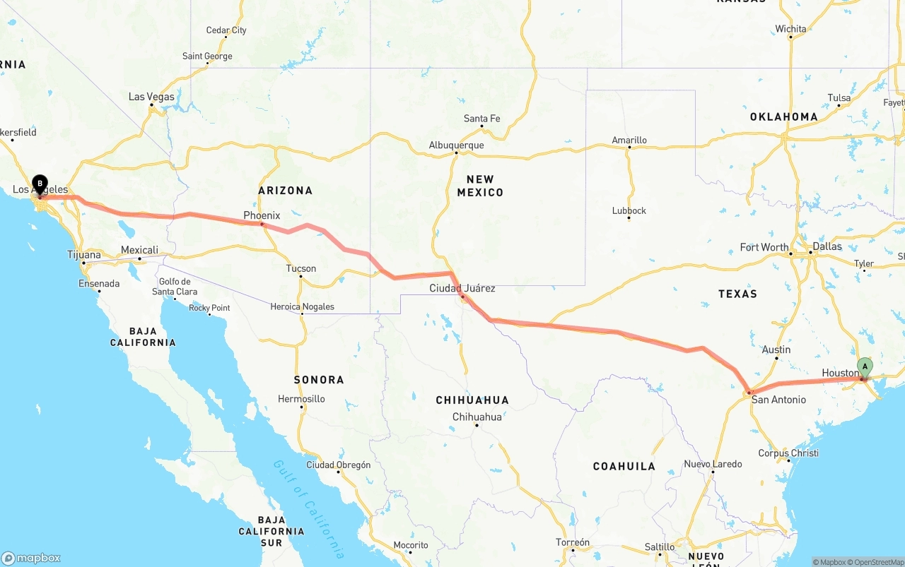 Shipping route from Port of Houston to Los Angeles