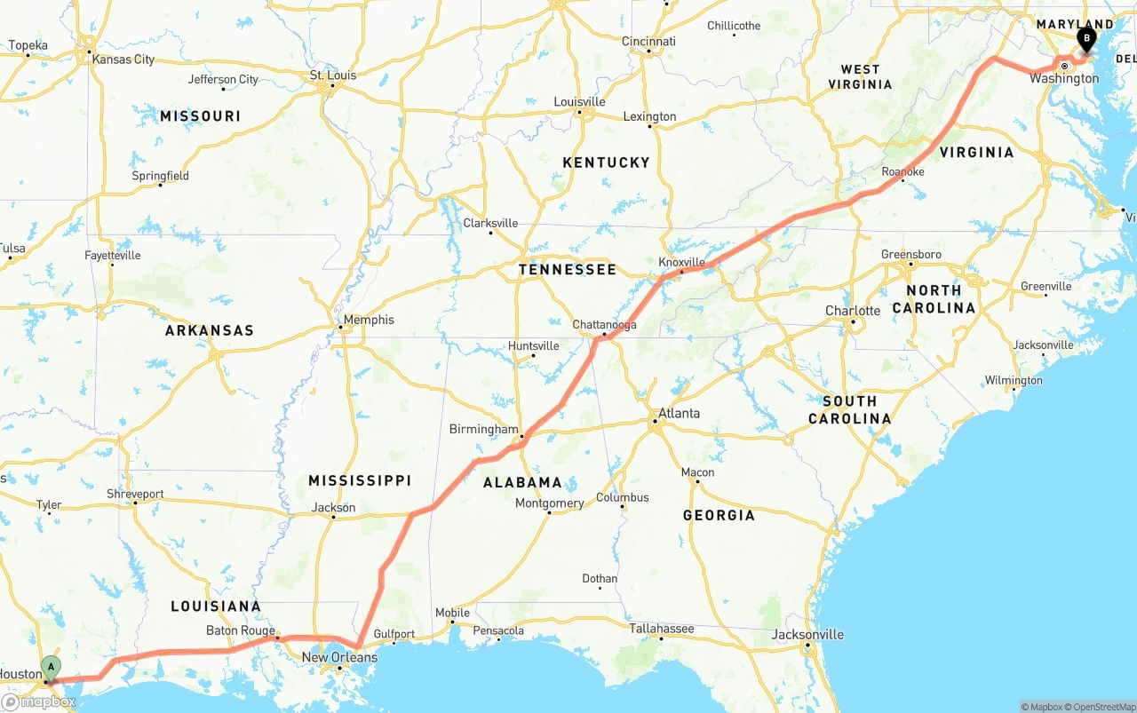 Shipping route from Port of Houston to Maryland
