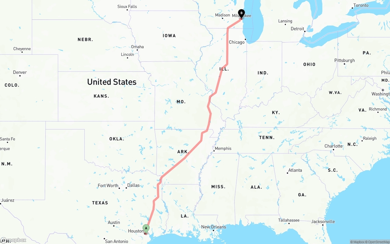 Shipping route from Port of Houston to Milwaukee