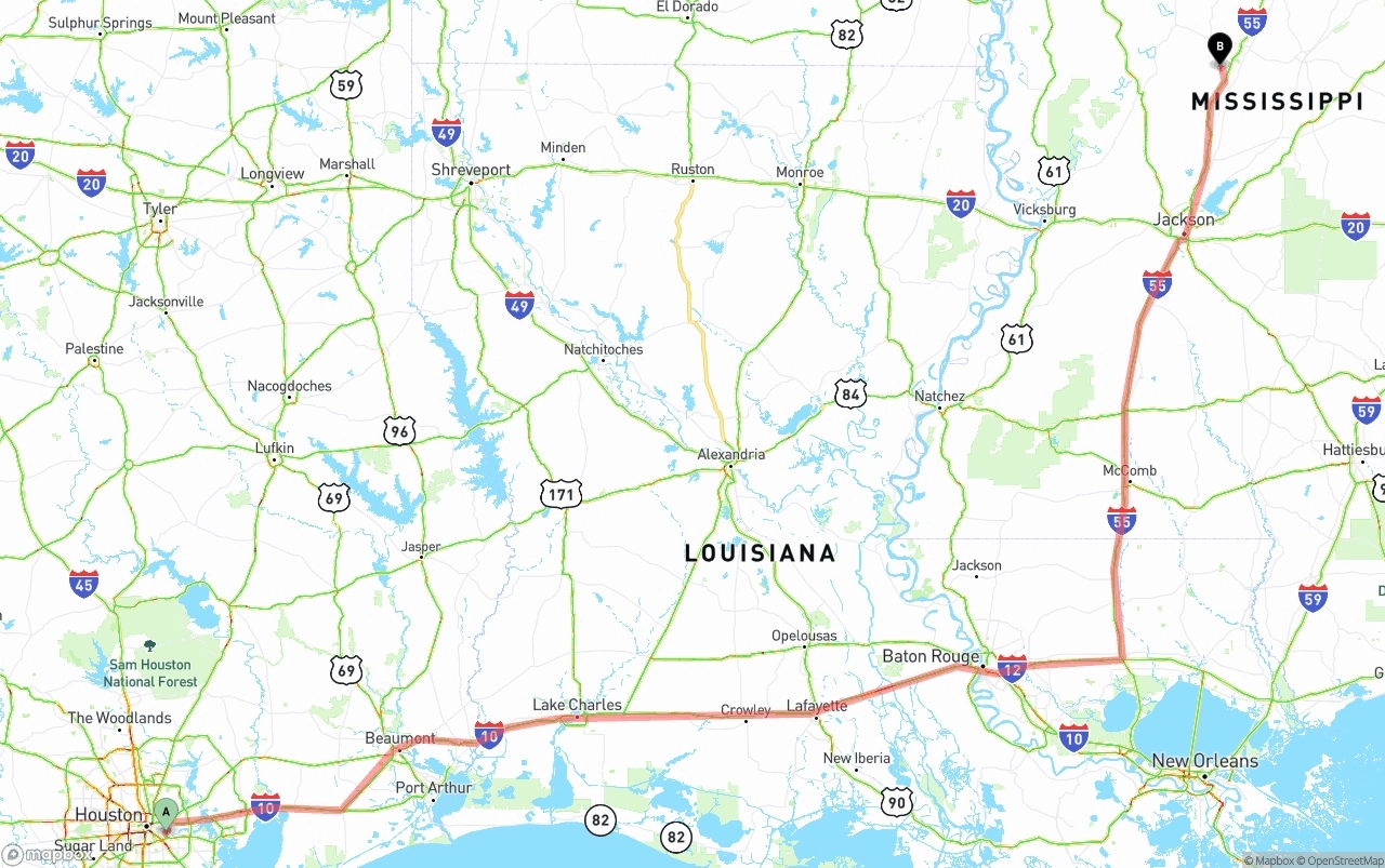 Shipping route from Port of Houston to Mississippi
