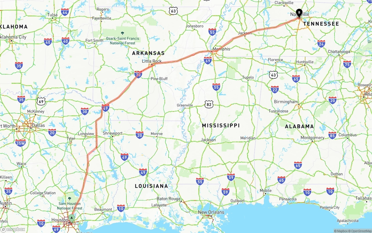 Shipping route from Port of Houston to Nashville