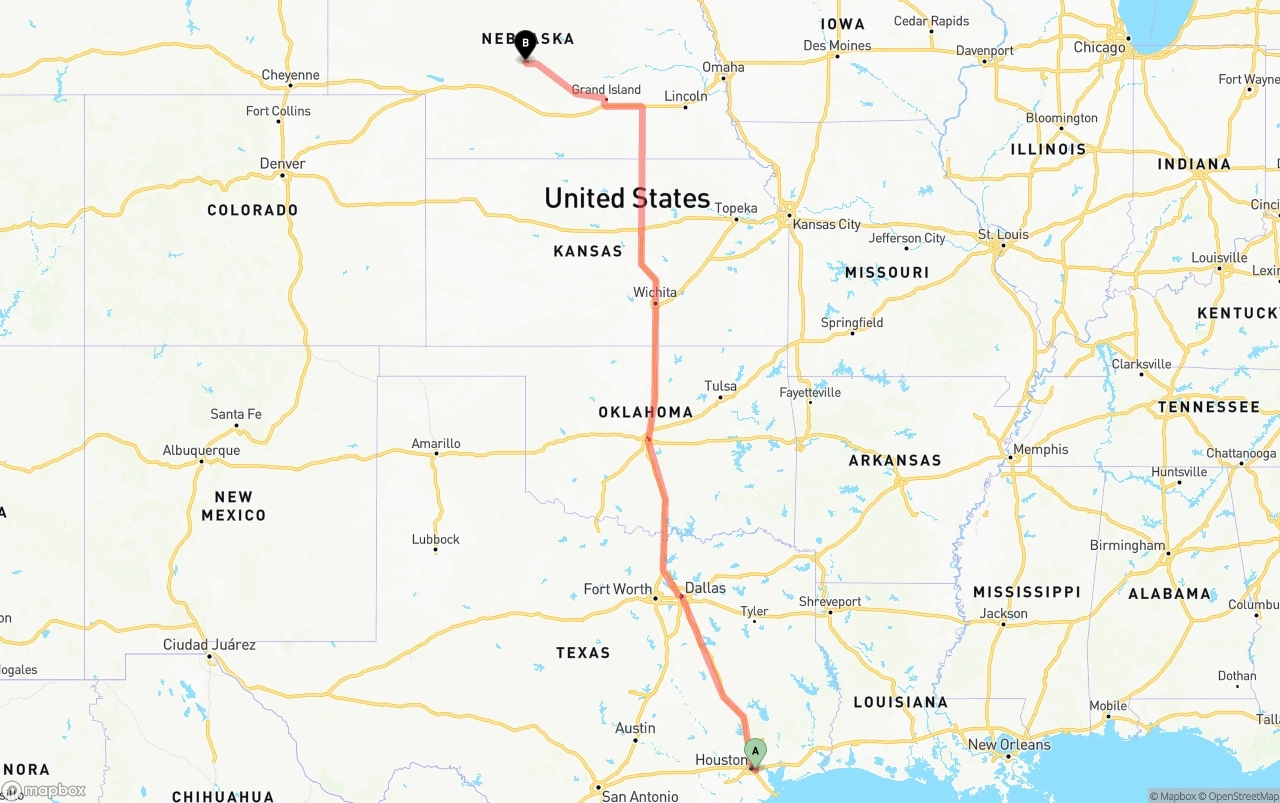 Shipping route from Port of Houston to Nebraska