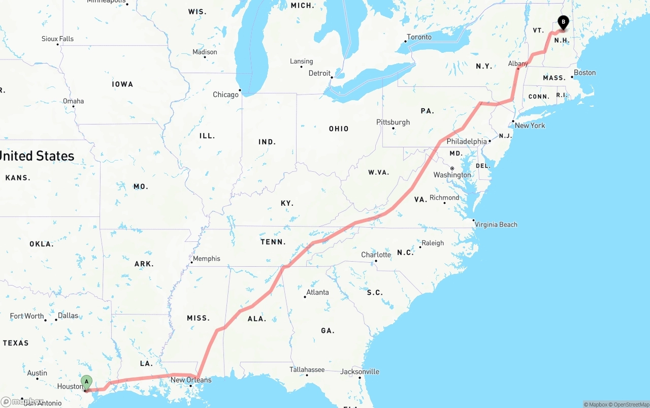 Shipping route from Port of Houston to New Hampshire