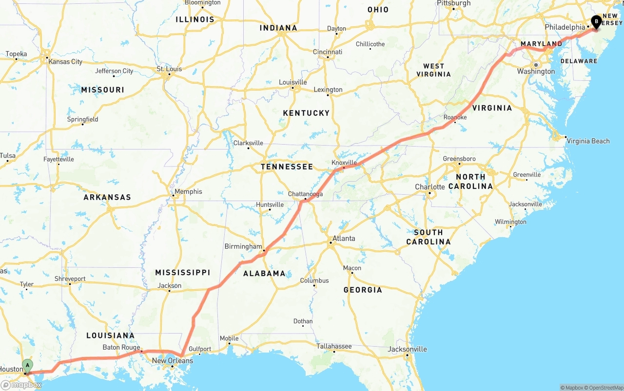 Shipping route from Port of Houston to New Jersey