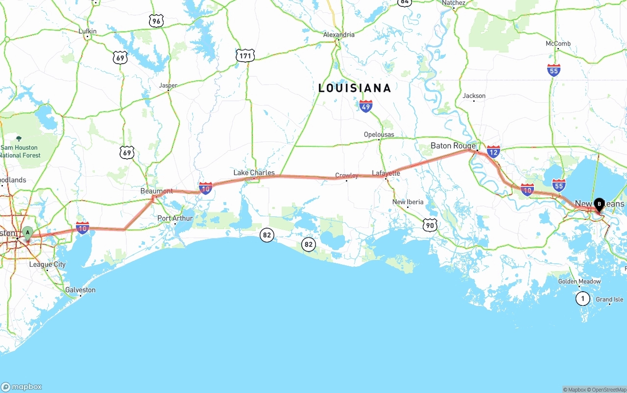Shipping route from Port of Houston to New Orleans