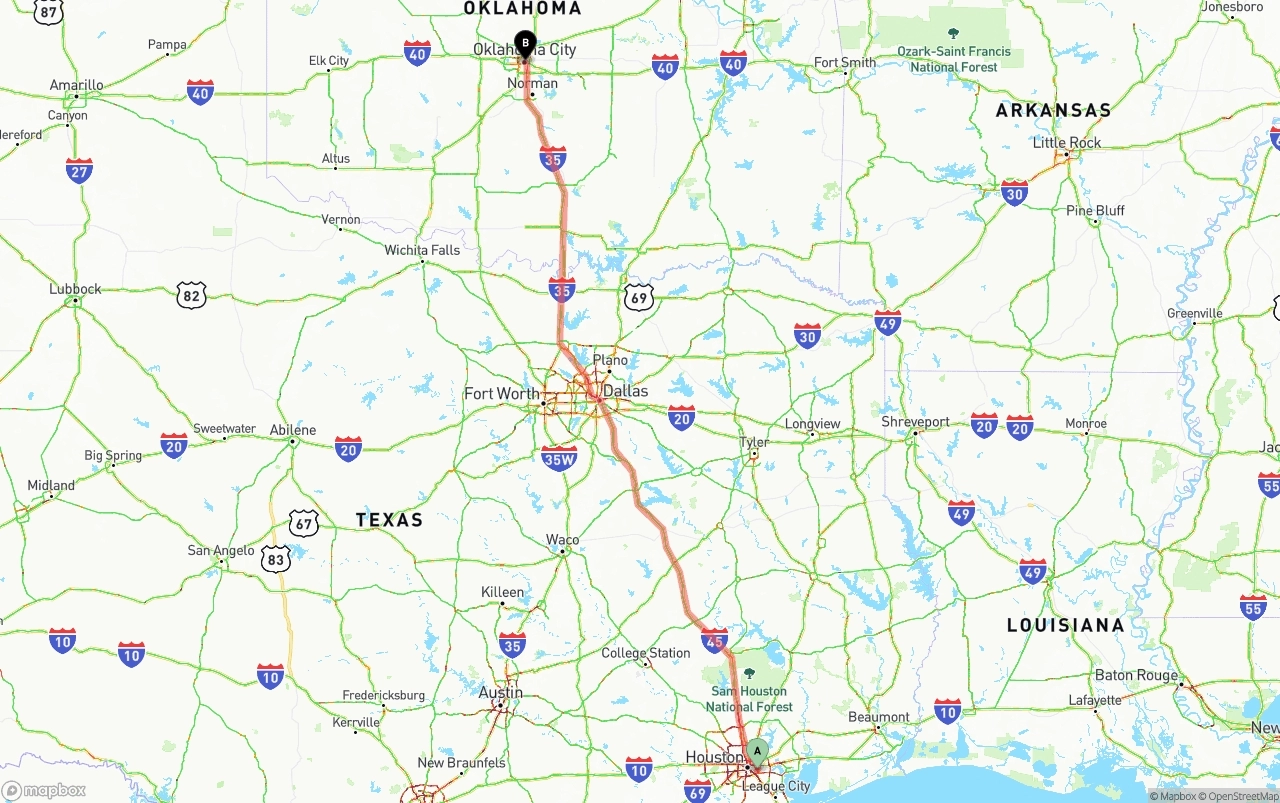 Shipping route from Port of Houston to Oklahoma City