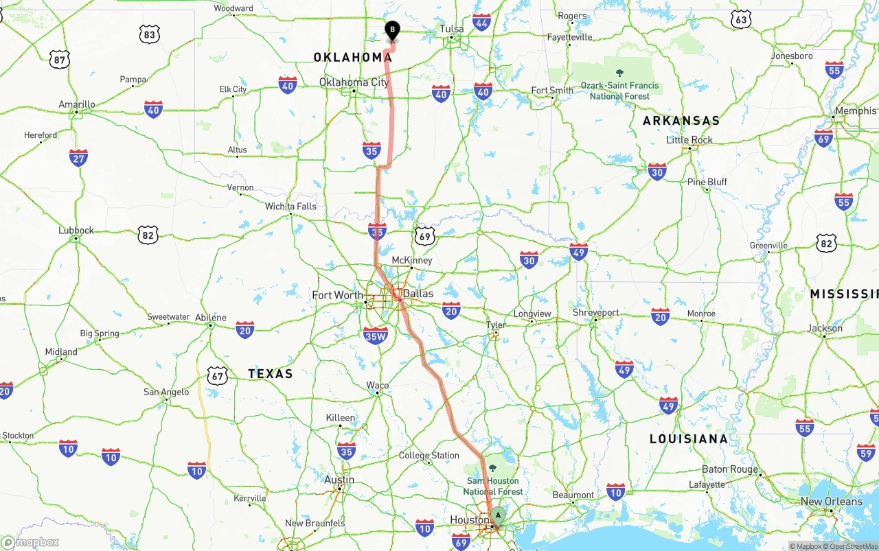 Shipping route from Port of Houston to Oklahoma