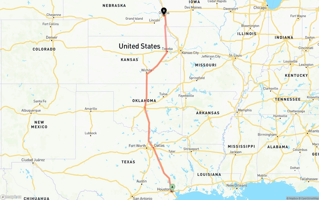 Shipping route from Port of Houston to Omaha
