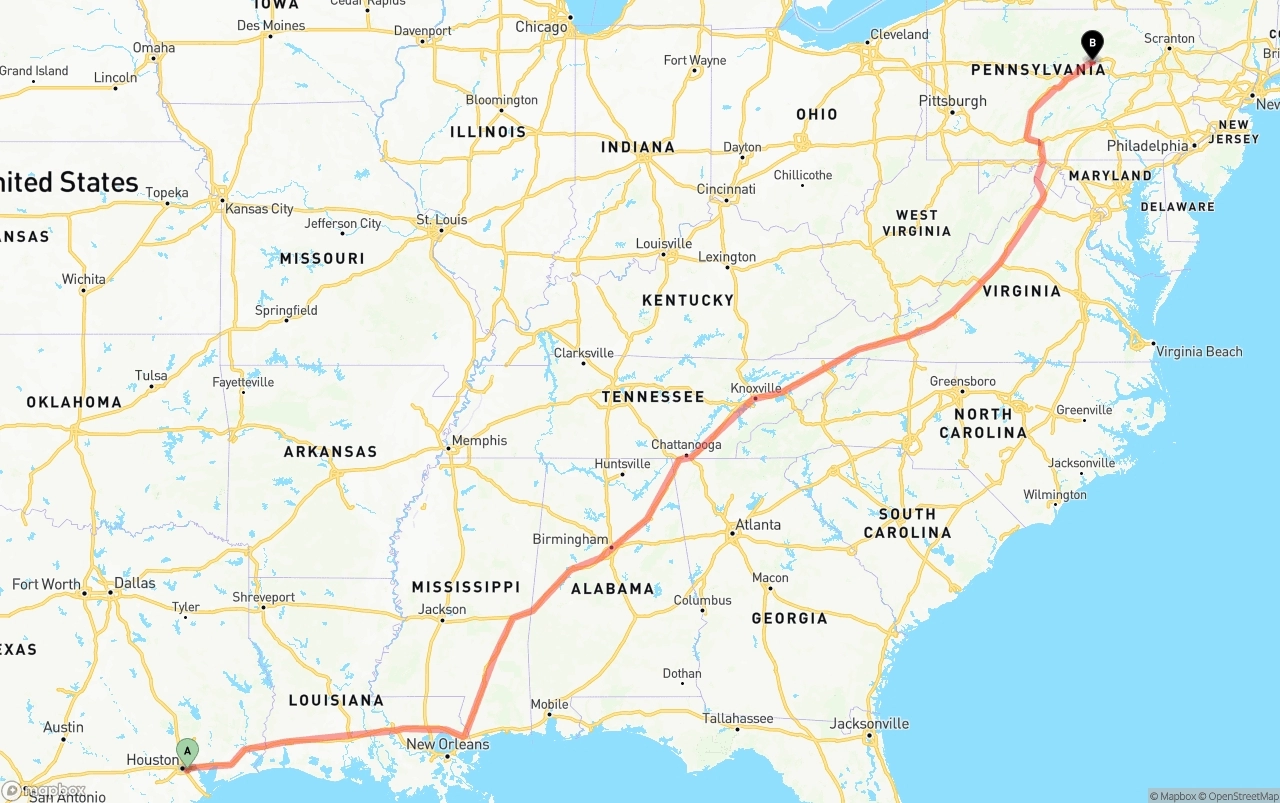 Shipping route from Port of Houston to Pennsylvania