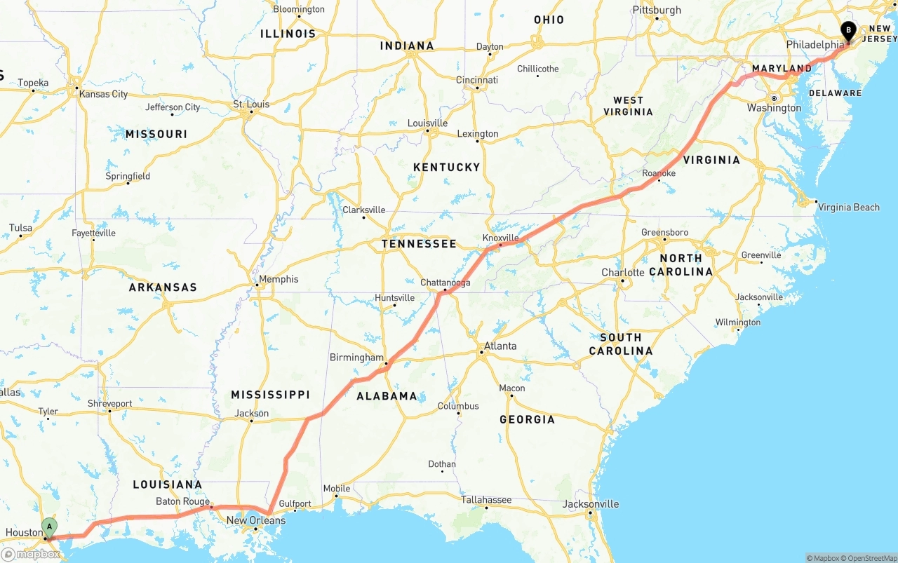 Shipping route from Port of Houston to Philadelphia